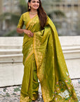 Mehendi Green Soft Zari Woven Lotus Border and Pichwai Art Pallu Silk Saree