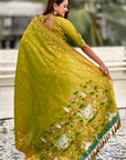 Mehendi Green Soft Zari Woven Lotus Border and Pichwai Art Pallu Silk Saree