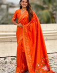 Orange Soft Zari Woven Lotus Border and Pichwai Art Pallu Silk Saree