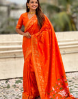 Orange Soft Zari Woven Lotus Border and Pichwai Art Pallu Silk Saree