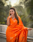 Orange Soft Silk Dual Zari Woven Saree with Deer Border
