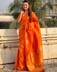 Orange Soft Silk Dual Zari Woven Saree with Deer Border