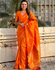 Orange Soft Silk Dual Zari Woven Saree with Deer Border