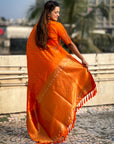 Orange Soft Silk Dual Zari Woven Saree with Deer Border
