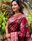 Maroon Soft Banarasi Jaal Zari Woven Silk Saree