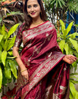 Maroon Soft Banarasi Jaal Zari Woven Silk Saree