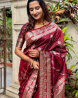 Maroon Soft Banarasi Jaal Zari Woven Silk Saree
