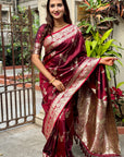 Maroon Soft Banarasi Jaal Zari Woven Silk Saree
