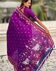 Purple Soft Zari Woven Lotus Border and Pichwai Art Pallu Silk Saree