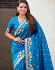 Blue Soft Zari Woven Lotus Border and Pichwai Art Pallu Silk Saree