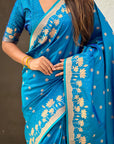 Blue Soft Zari Woven Lotus Border and Pichwai Art Pallu Silk Saree