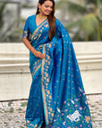 Blue Soft Zari Woven Lotus Border and Pichwai Art Pallu Silk Saree