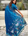 Blue Soft Zari Woven Lotus Border and Pichwai Art Pallu Silk Saree