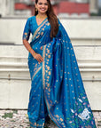 Blue Soft Zari Woven Lotus Border and Pichwai Art Pallu Silk Saree