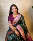 Bottle Green Banarasi Silk Zari Woven Floral Jaal with Butterfly Saree