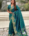 Peacock Blue Soft Zari Woven Lotus Border and Pichwai Art Pallu Silk Saree