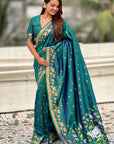 Peacock Blue Soft Zari Woven Lotus Border and Pichwai Art Pallu Silk Saree