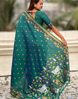 Peacock Blue Soft Zari Woven Lotus Border and Pichwai Art Pallu Silk Saree