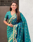 Peacock Blue Soft Zari Woven Lotus Border and Pichwai Art Pallu Silk Saree