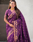 Wine Soft Zari Woven Lotus Border and Pichwai Art Pallu Silk Saree