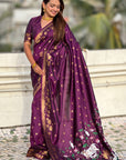 Wine Soft Zari Woven Lotus Border and Pichwai Art Pallu Silk Saree