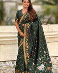 Bottle Green Soft Zari Woven Lotus Border and Pichwai Art Pallu Silk Saree