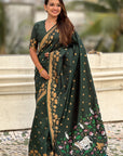 Bottle Green Soft Zari Woven Lotus Border and Pichwai Art Pallu Silk Saree