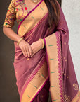 Wine Tissue Paithani Silk Zari Woven Brocade Saree