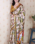 Gold Tussar Silk Detailed Kalamkari Figure Printed Saree with Zari Woven Border