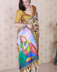 Gold Tussar Silk Detailed Kalamkari Figure Printed Saree with Zari Woven Border