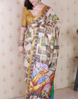 Gold Tussar Silk Detailed Kalamkari Figure Printed Saree with Zari Woven Border