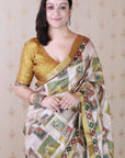 Gold Tussar Silk Detailed Kalamkari Figure Printed Saree with Zari Woven Border