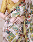 Gold Tussar Silk Detailed Kalamkari Figure Printed Saree with Zari Woven Border