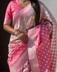 Baby Pink Soft Banarasi Silk Zari Woven Geometrical 3D Saree