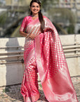 Baby Pink Soft Banarasi Silk Zari Woven Geometrical 3D Saree