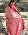 Baby Pink Soft Banarasi Silk Zari Woven Geometrical 3D Saree
