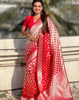 Red Soft Banarasi Silk Zari Woven Geometrical 3D Saree