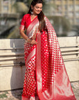 Red Soft Banarasi Silk Zari Woven Geometrical 3D Saree
