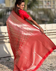 Red Soft Banarasi Silk Zari Woven Geometrical 3D Saree