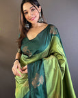 Dusty Green Soft Silk Contrast Zari Woven Floral Butta Saree