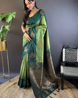 Dusty Green Soft Silk Contrast Zari Woven Floral Butta Saree