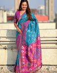 Blue Soft Silk Zari Woven Contrast Ikkat Patola Saree