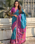 Blue Soft Silk Zari Woven Contrast Ikkat Patola Saree