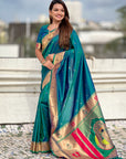 Peacock Blue Paithani Silk Zari Woven Saree with Mahalaxmi Pallu
