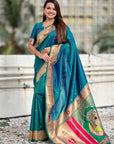Peacock Blue Paithani Silk Zari Woven Saree with Mahalaxmi Pallu