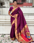 Wine Paithani Silk Zari Woven Saree with Mahalaxmi Pallu