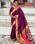 Wine Paithani Silk Zari Woven Saree with Mahalaxmi Pallu