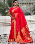 Red Paithani Silk Zari Woven Saree with Mahalaxmi Pallu