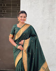 Bottle Green Paithani Silk Zari Woven Saree with Mahalaxmi Pallu