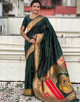 Bottle Green Paithani Silk Zari Woven Saree with Mahalaxmi Pallu